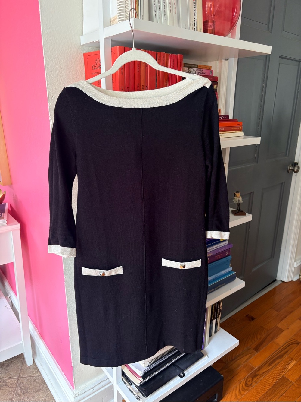 Black and White Boatneck Dress with Contrast Trim
